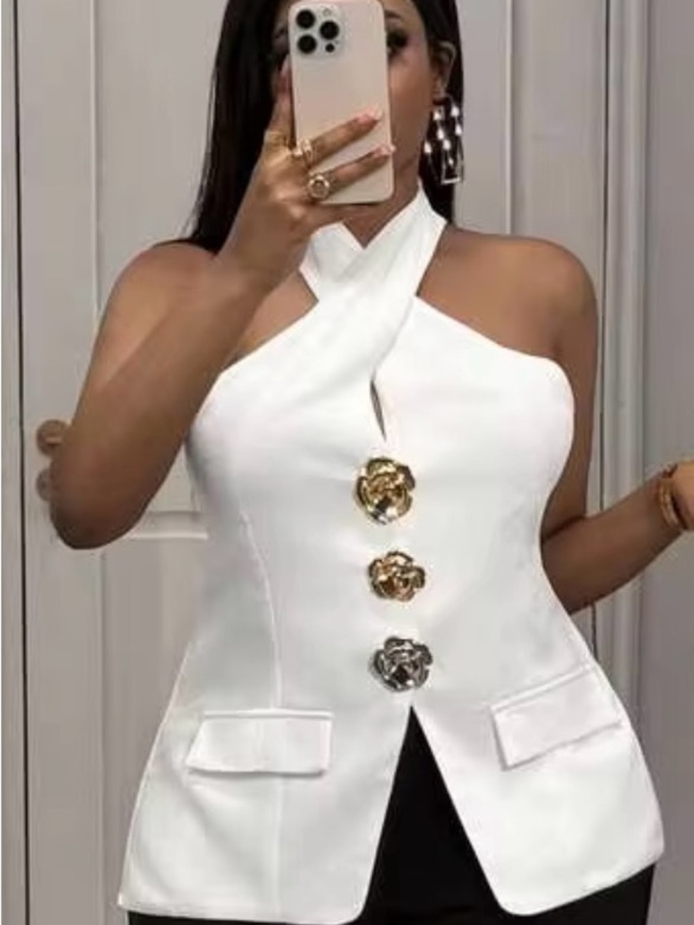 SHEIN White Cross-Halter Blazer Top with Gold Accents